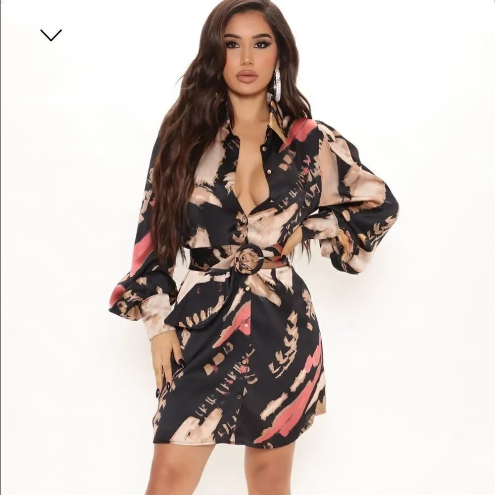 NWT Fashion Nova Avita Satin Shirt Dress - Black/combo - Size 3X